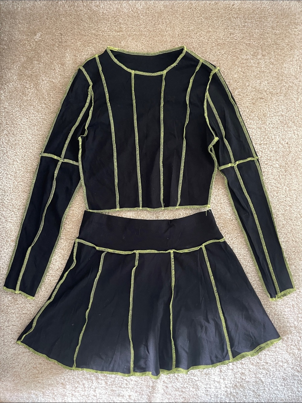 Black Two-Piece Crop Top and Skirt Set with Neon Green Stitching